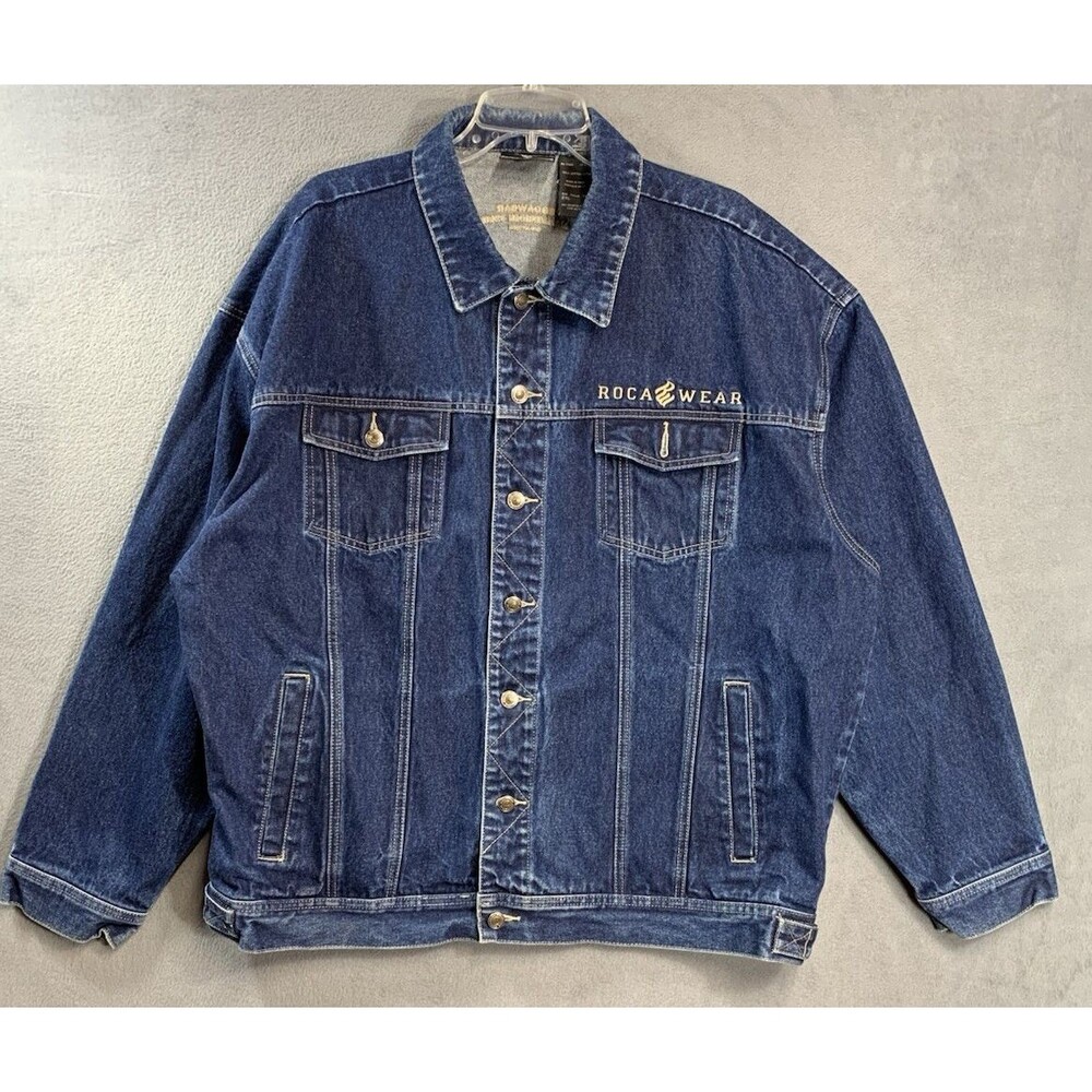 Rocawear Denim Trucker Jacket Mens 2XL Dark Blue Y2K Hip Hop Streetwear Logo